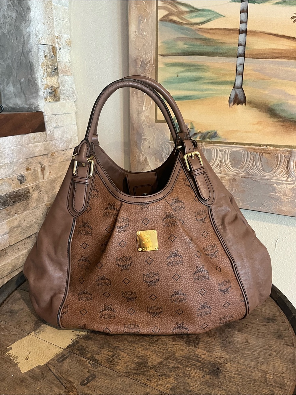 MCM Brown Cognac Monogram Leather Shoulder Bag